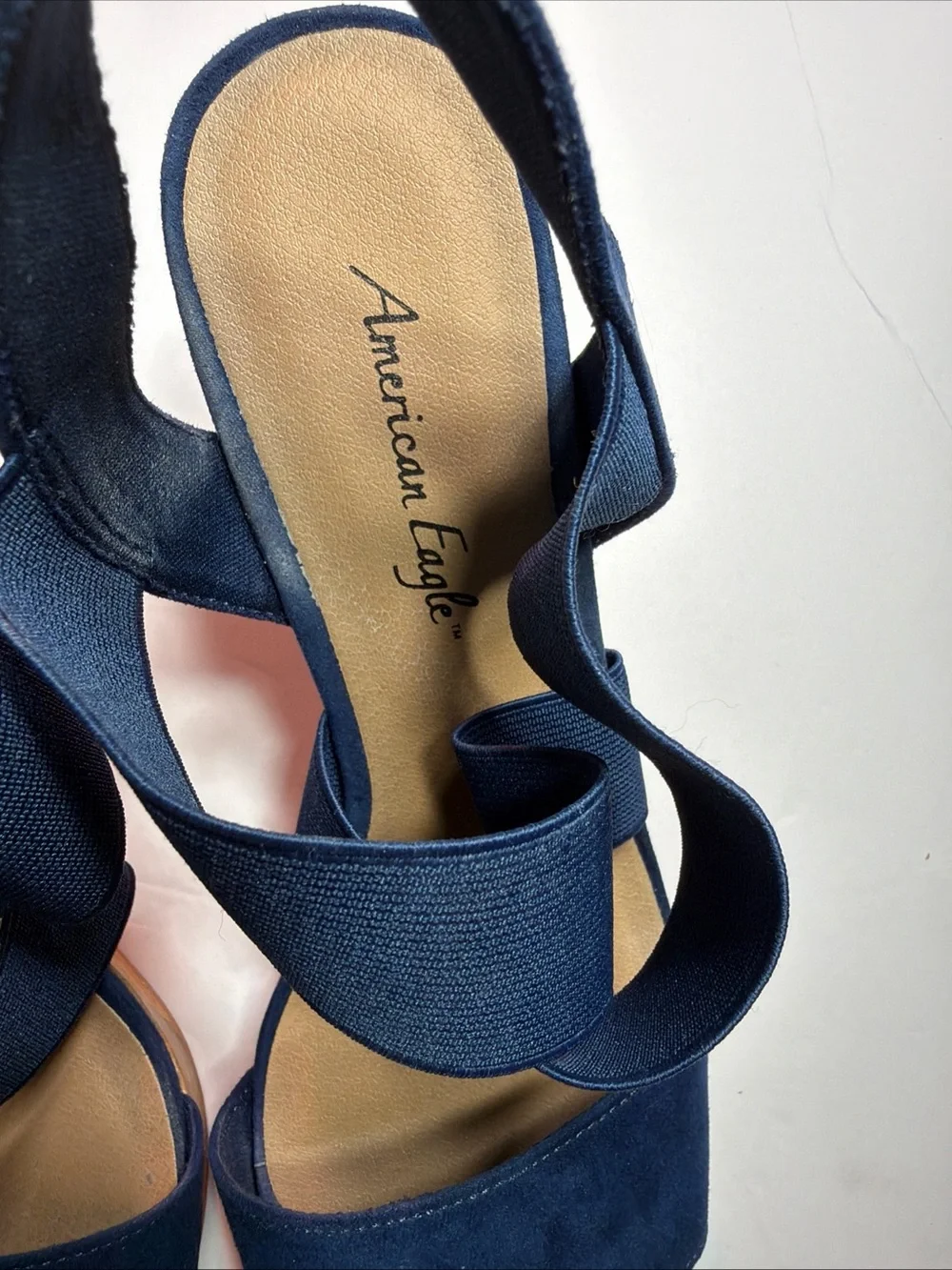American Eagle Outfitters Navy Wedge Sandals with Elastic Crossover Straps